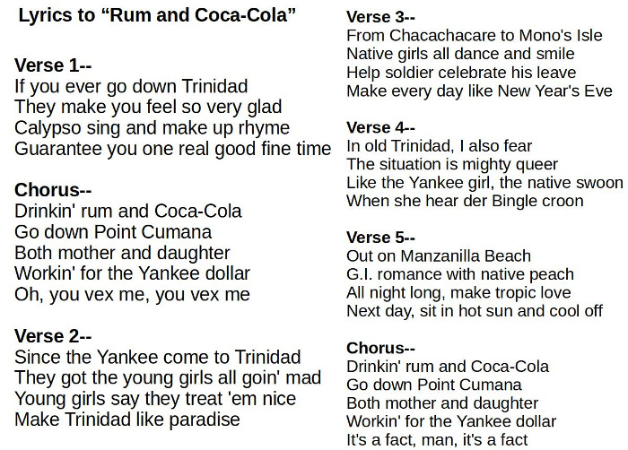 Lyrics to Rum and Coca-Cola